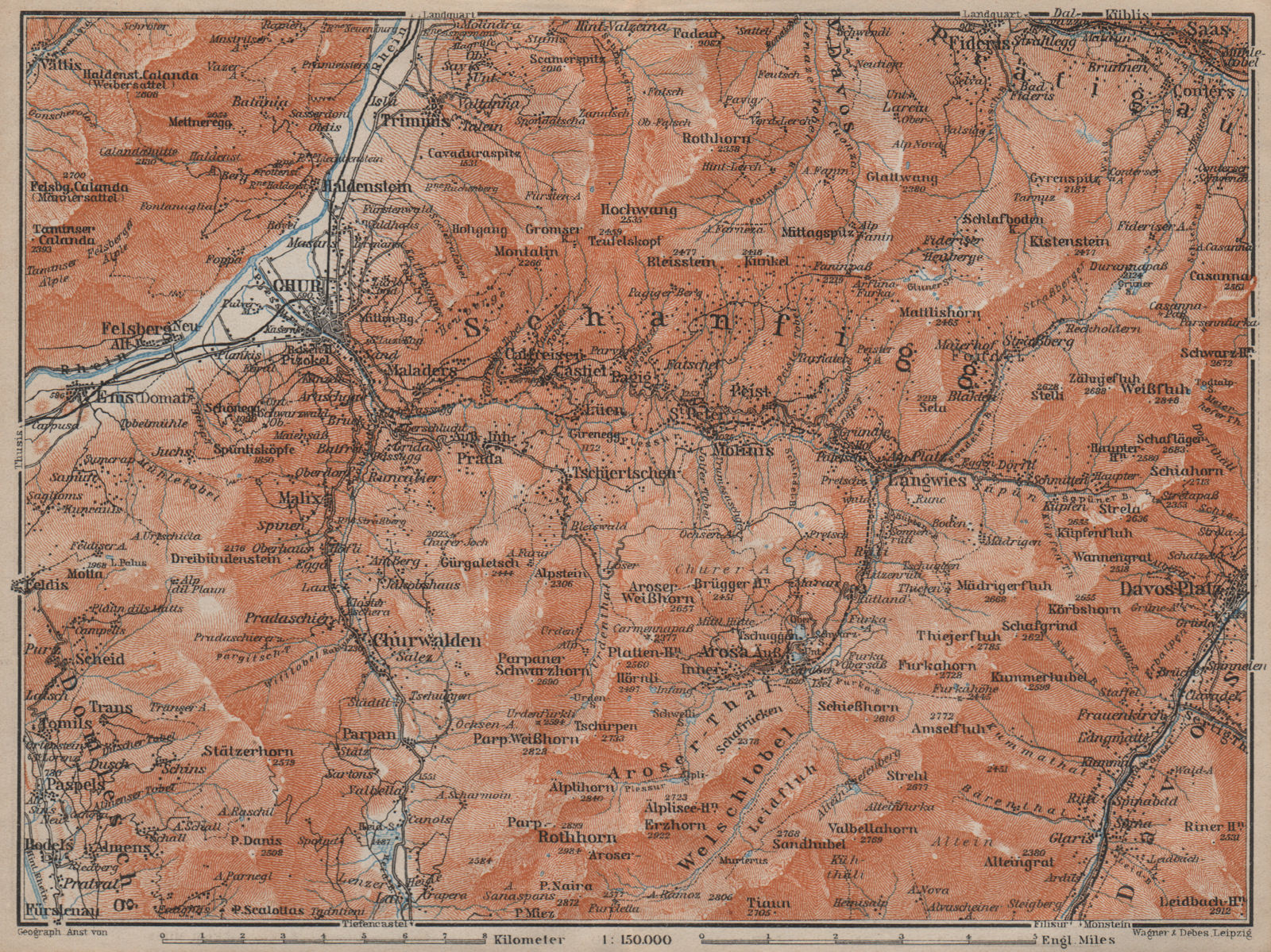 COIRE/CHUR SCHANFIGG AROSA ENVIRONS. Davos Klosters Lenzheide Trimnns 1913 map